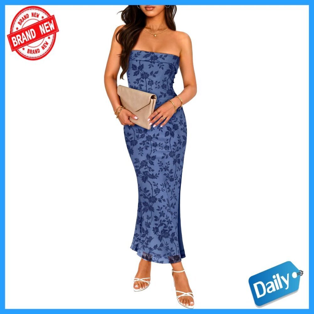 Floral Jacquard Mesh Strapless Maxi Dress Bodycon Cocktail Wedding Guest